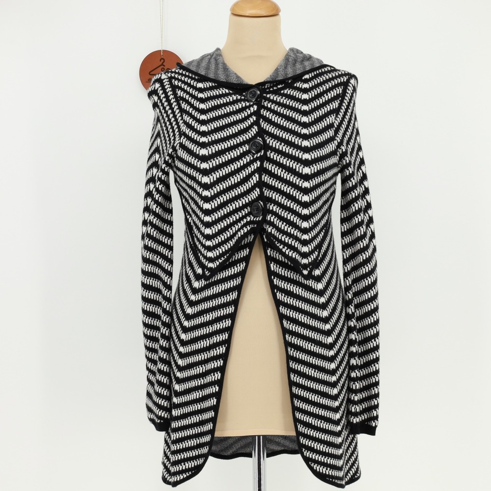 Alice + Olivia Chevron Hooded Cardigan Black White Zig Zag Size XS Layering
